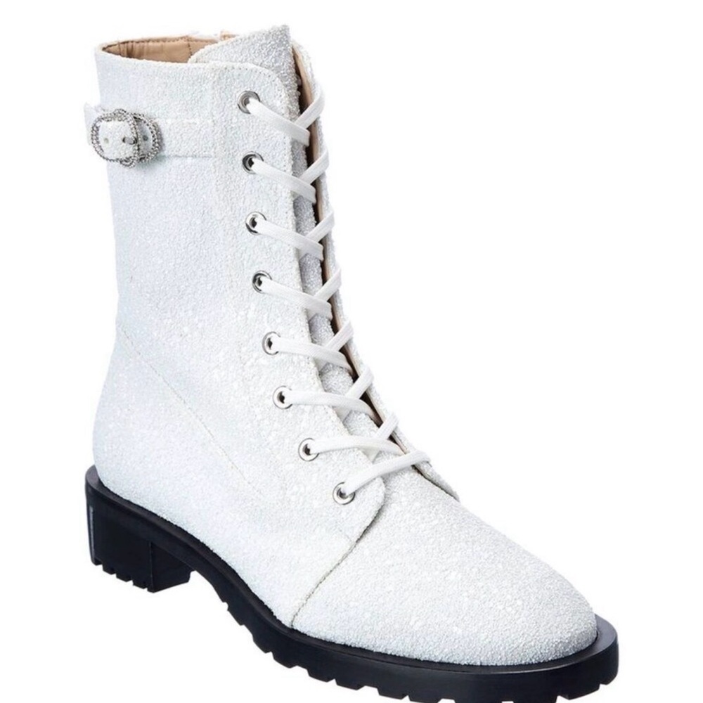 Stuart Weitzman New Crystal Buckle White Glitter Sparkle Lace-Up Combat Boots 9